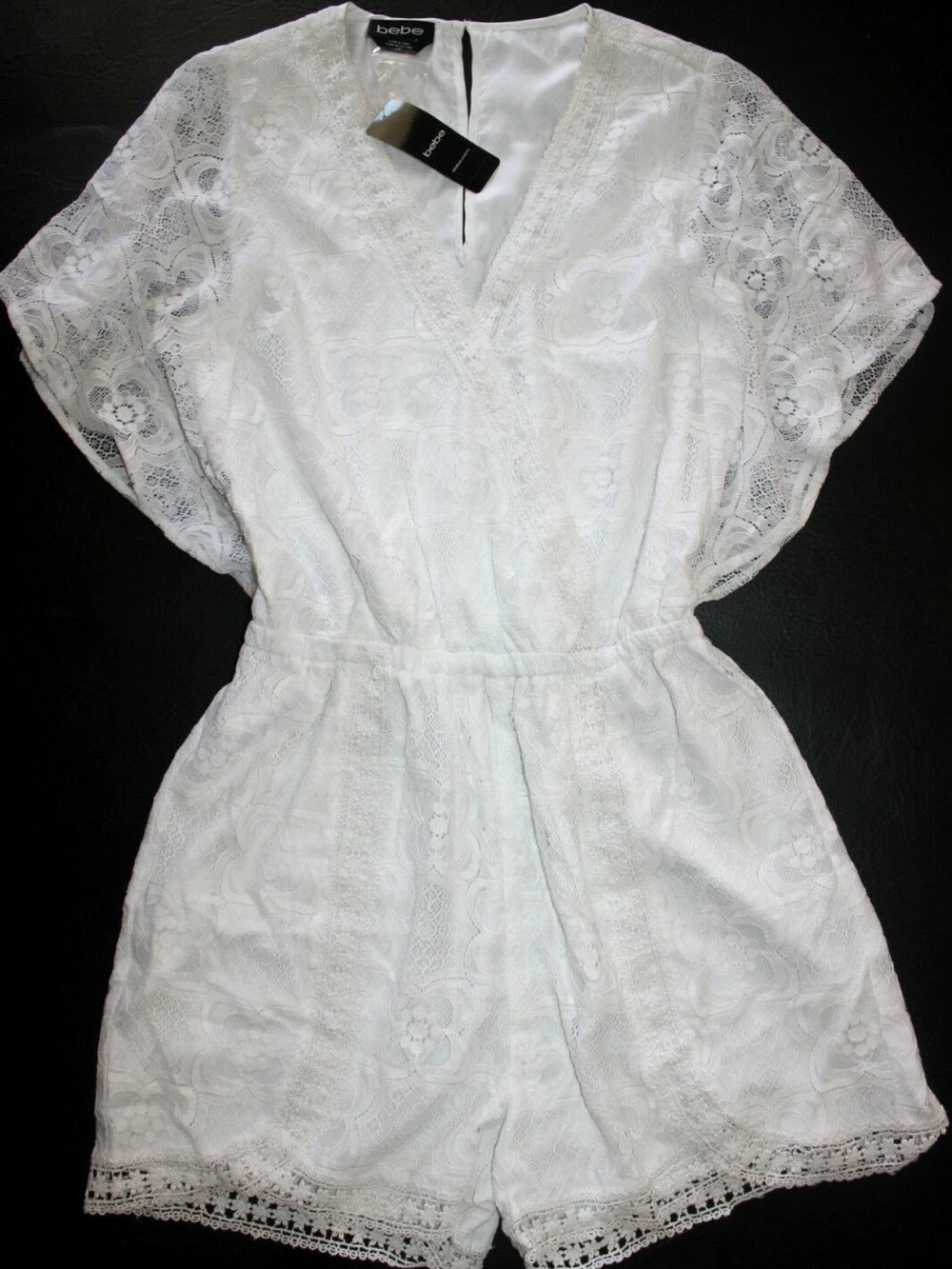 bebe White Lace Romper with Scalloped Trim